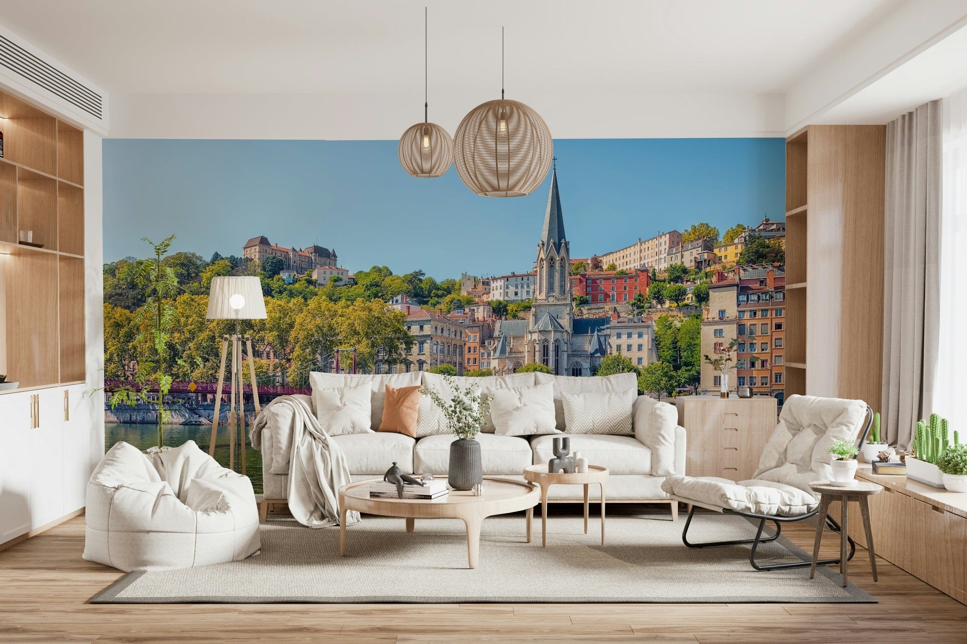 Lyon skyline mural on dining wall, muted modern colours