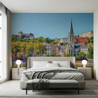Lyon scene mural in living space, modern feature wall look