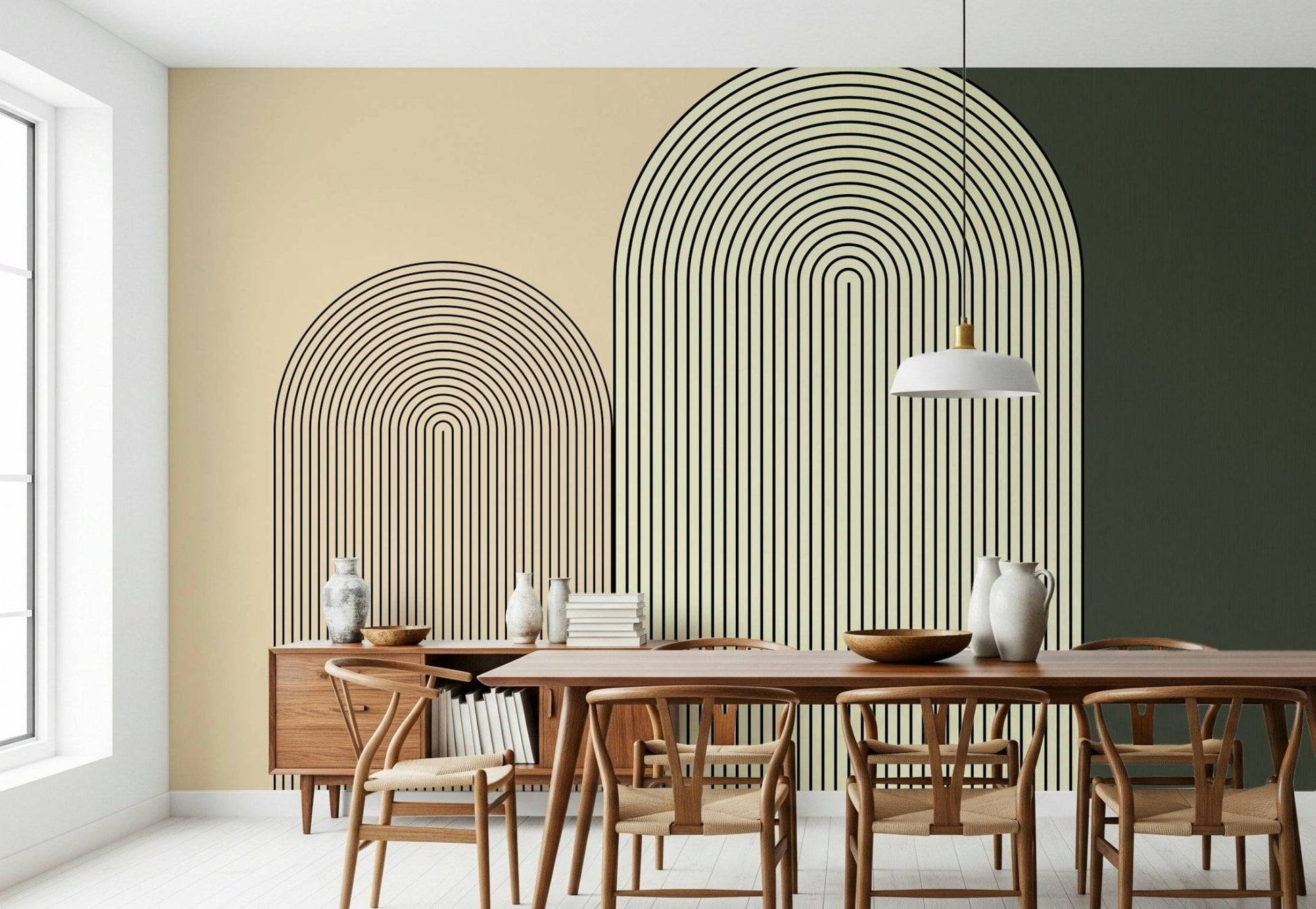 Minimalist arch design mural in soft beige and white tones perfect for modern interiors.