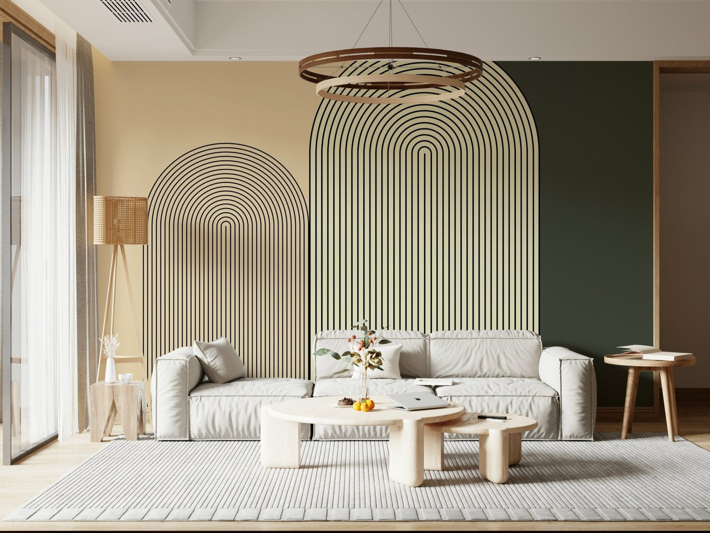 Elegant wall mural with simple arch shapes creating a clean, contemporary aesthetic.