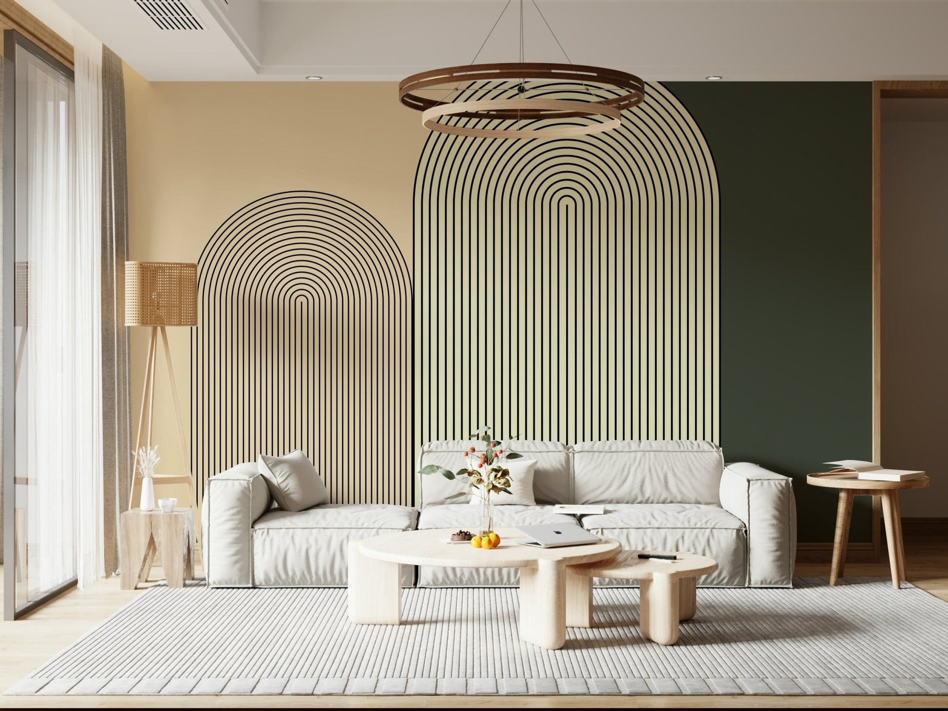 Elegant wall mural with simple arch shapes creating a clean, contemporary aesthetic.