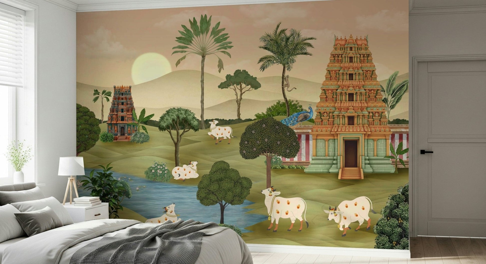 Madhuban Moonlight mural installed behind a sofa in a modern living room