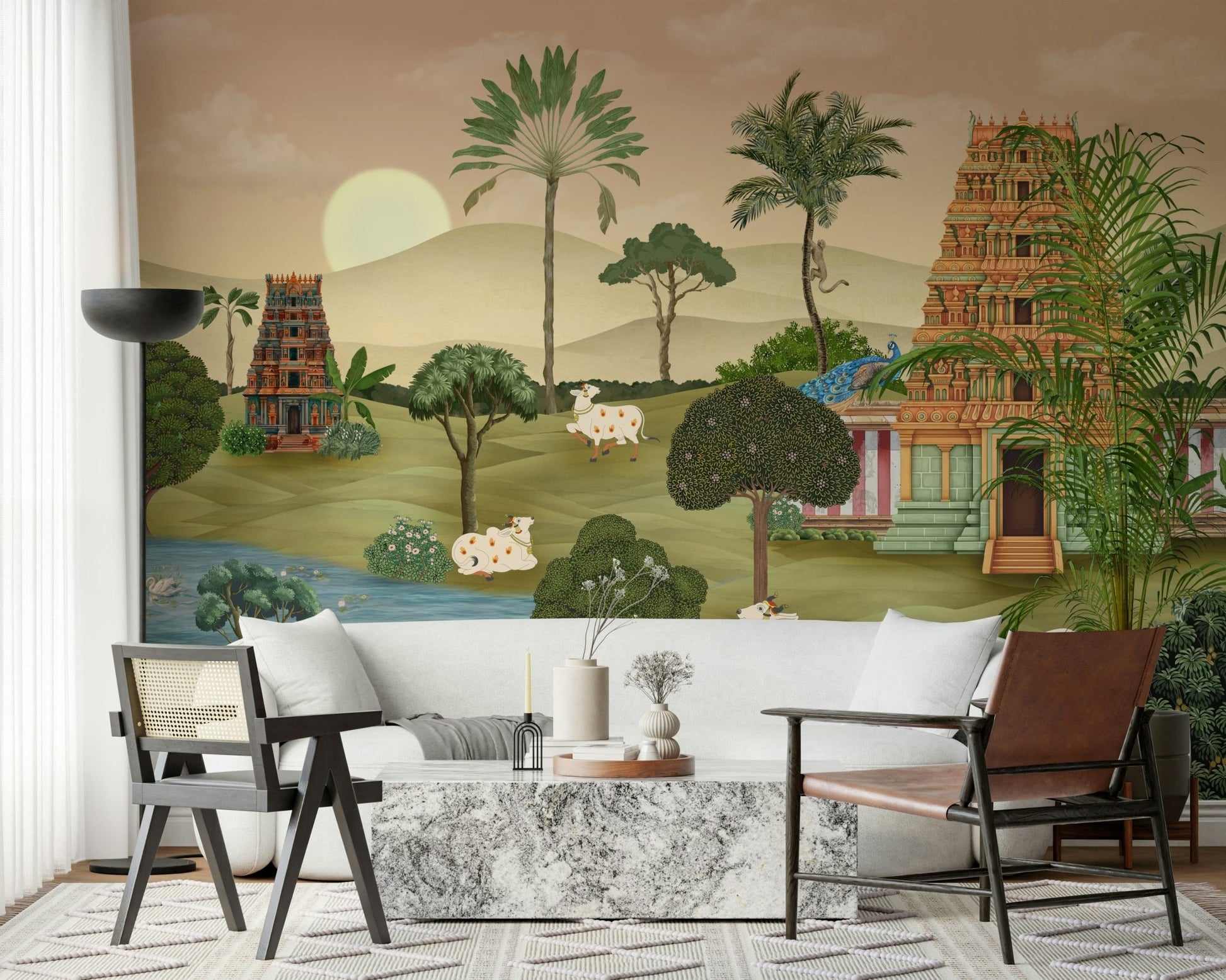 Close-up of Madhuban Moonlight mural showing foliage and moon glow