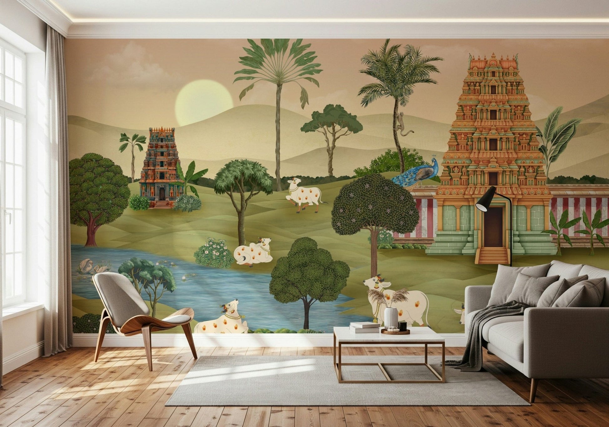 Madhuban Moonlight mural artwork with layered leaves and night shading
