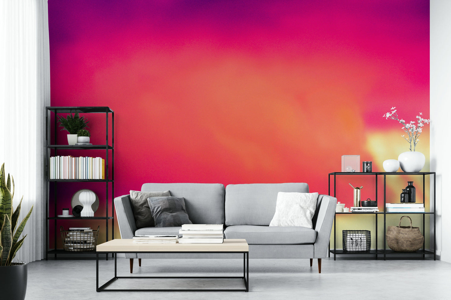 A peaceful open sky mural on decorative wallpaper.

