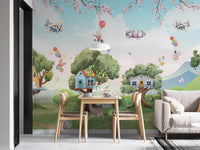 Magical Cartoon Jungle Kids wallpaper mural styled along a hallway feature wall near a console in green tones