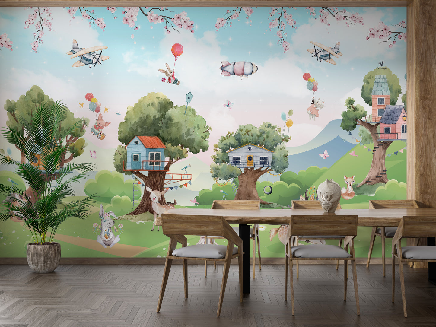 Magical Cartoon Jungle Kids wallpaper mural as a feature wall in a home office workspace in green tones
