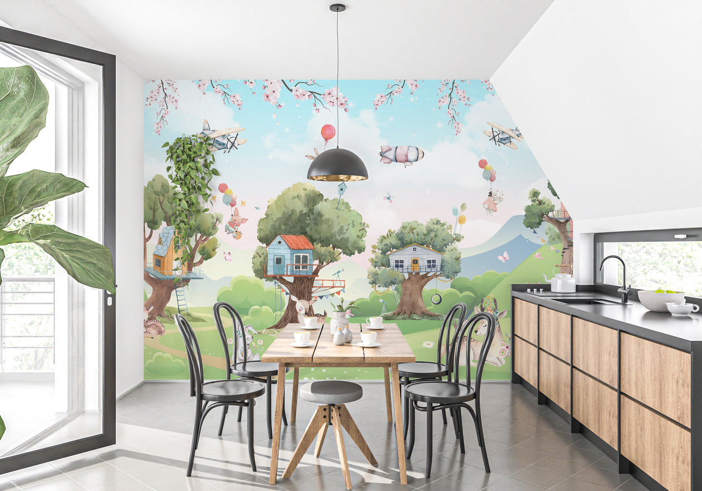 Magical Cartoon Jungle Kids wallpaper mural styled as a feature wall behind a dining table and chairs in green tones
