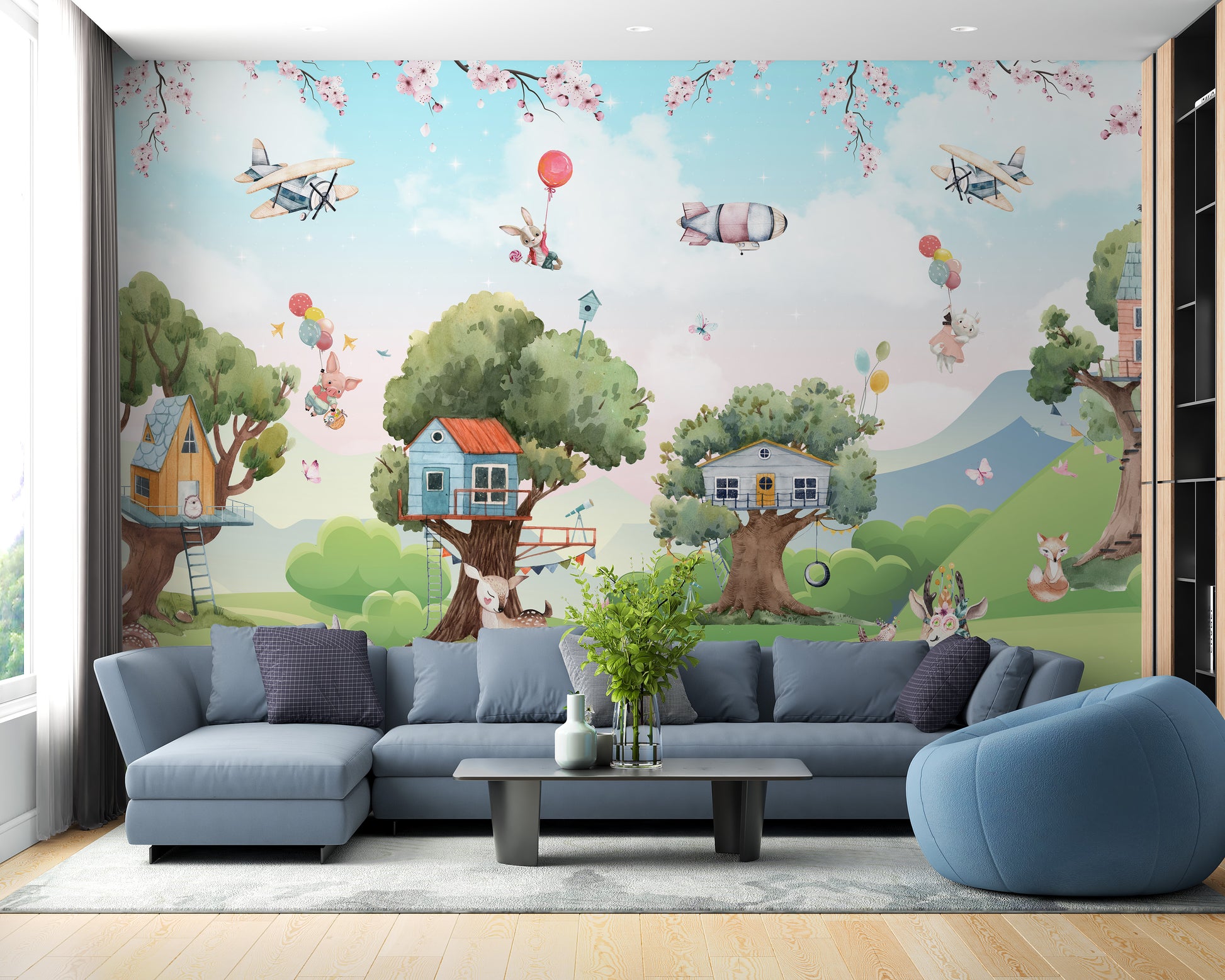 Magical Cartoon Jungle Kids wallpaper mural as a bedroom feature wall behind the headboard in green tones