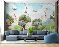 Magical Cartoon Jungle Kids wallpaper mural as a bedroom feature wall behind the headboard in green tones