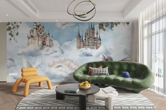 Magical sky castle wall mural with dreamy clouds
