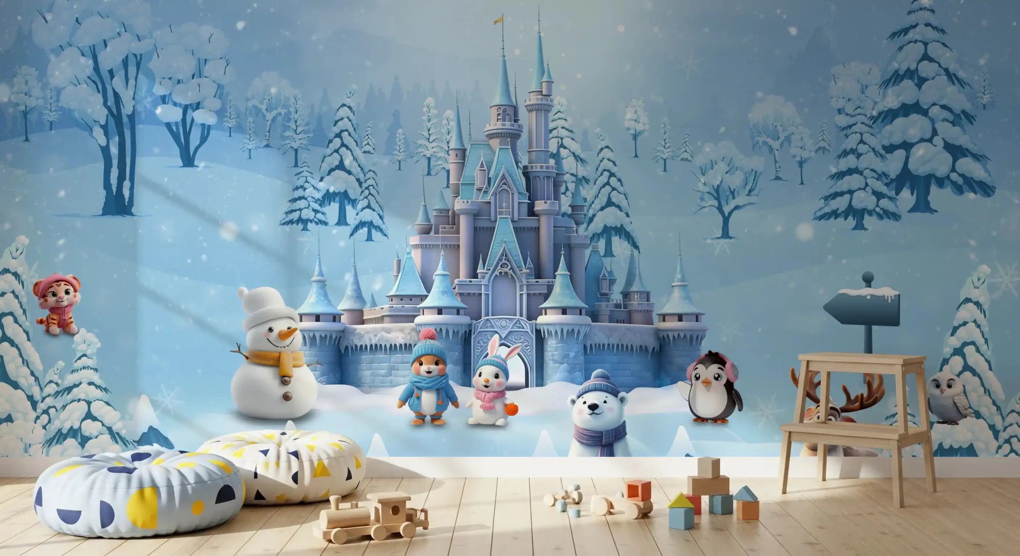 Magical Winter Wonderland wall mural in a cozy kids bedroom with snowy castle charm