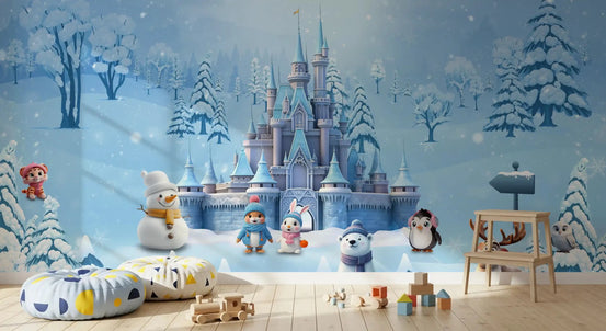Magical Winter Wonderland wall mural in a cozy kids bedroom with snowy castle charm