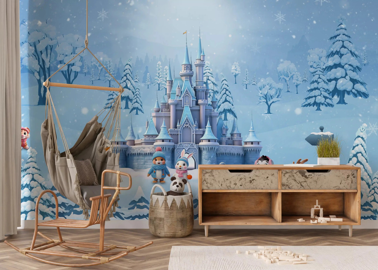 Winter Wonderland wall mural for a nursery with soft snowfall and playful animals