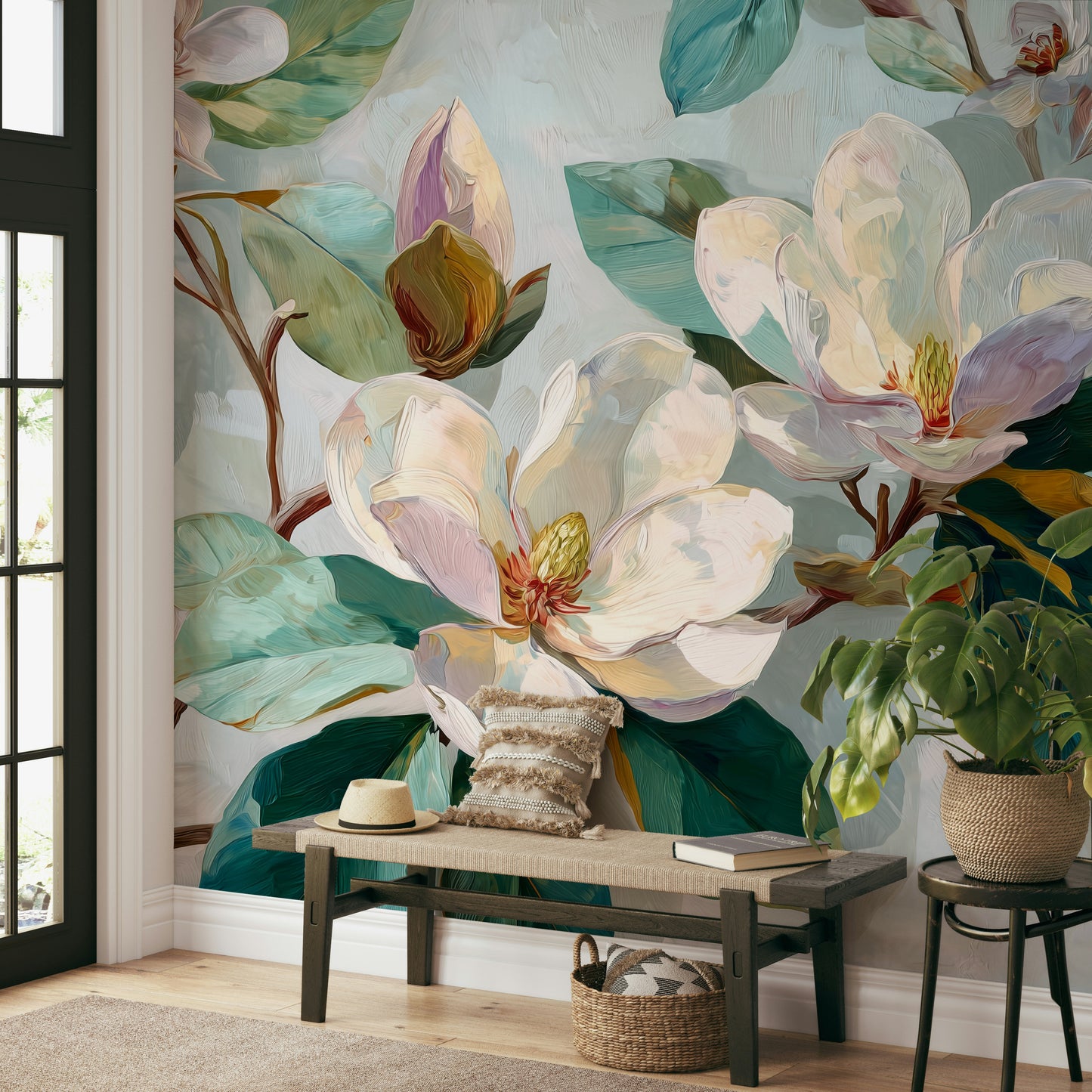 The wallpaper is perfect for a peaceful space.

