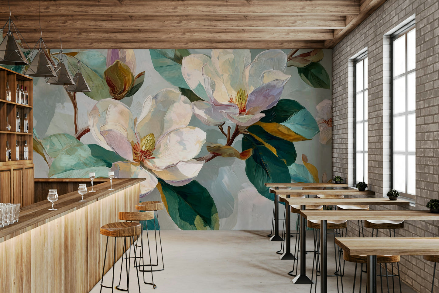 The mural shows a close-up of a peaceful floral scene.

