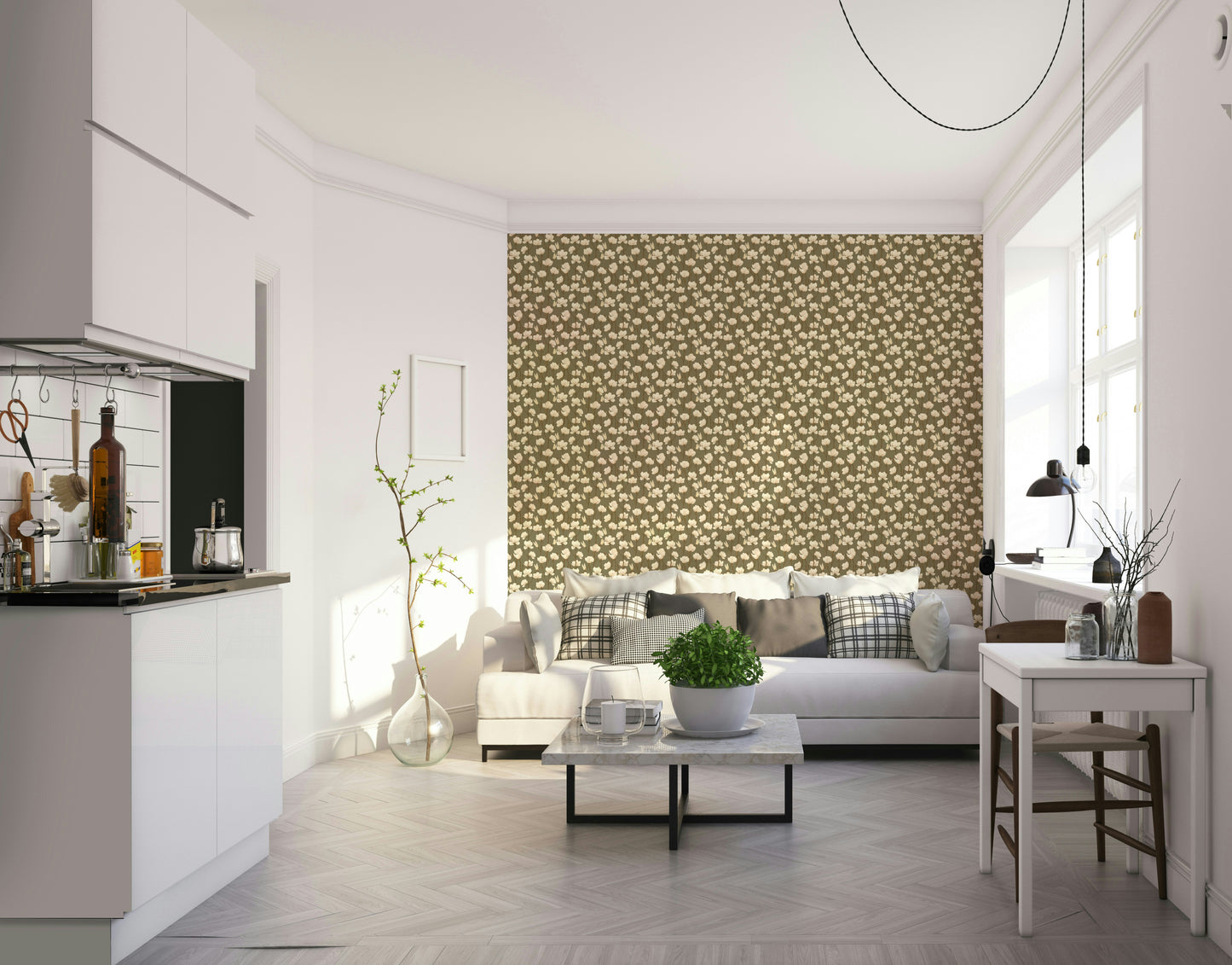Neutral floral wallpaper in beige and dusty mauve hues


