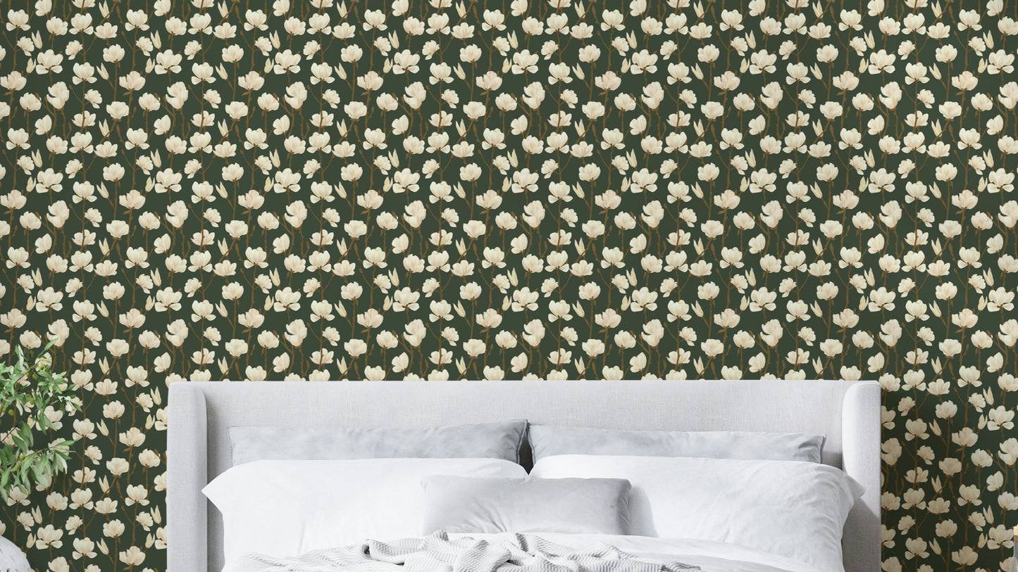 Moody magnolia forest dusk wallpaper for elegant interiors

