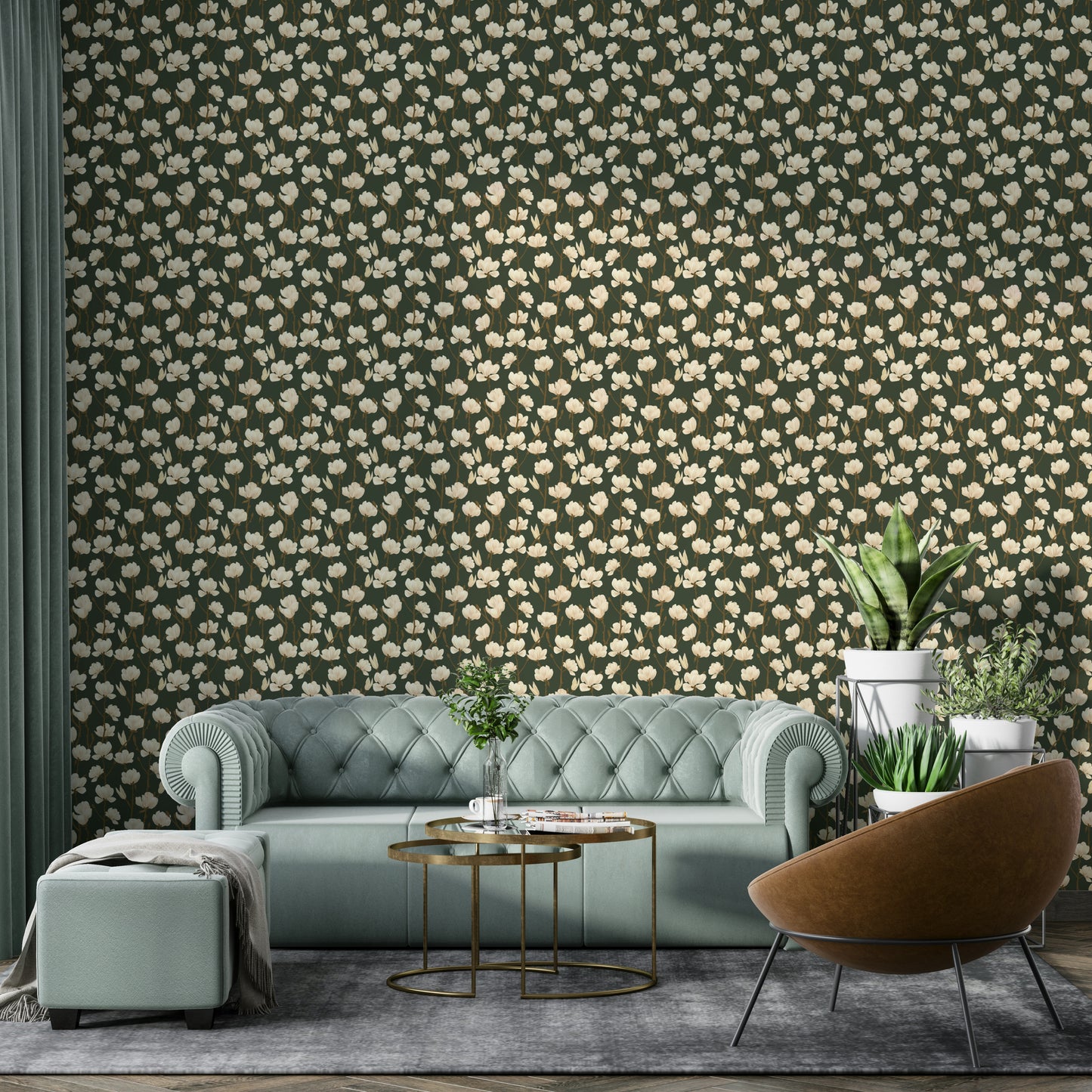 Illustrated magnolia flowers on moody forest background

