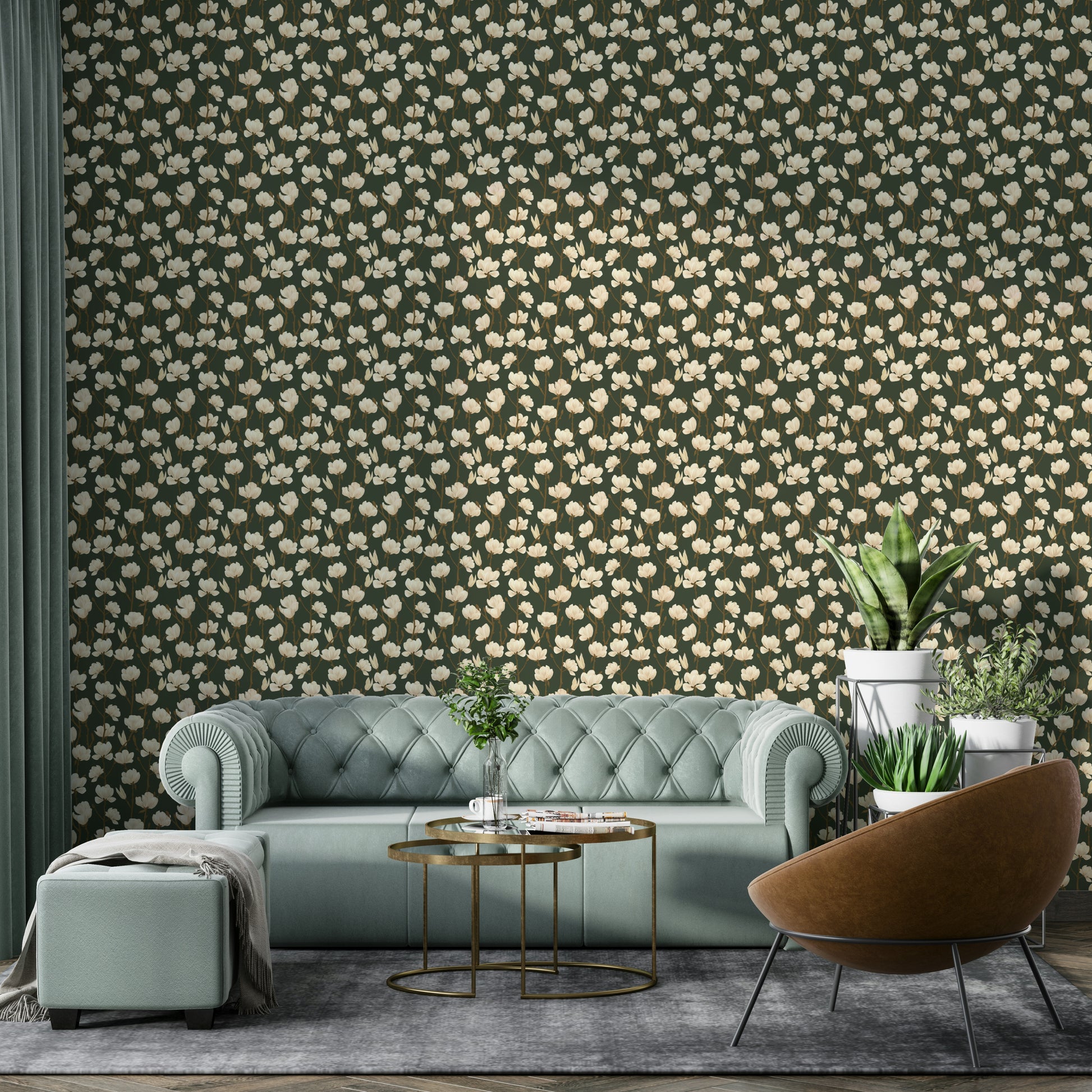 Illustrated magnolia flowers on moody forest background

