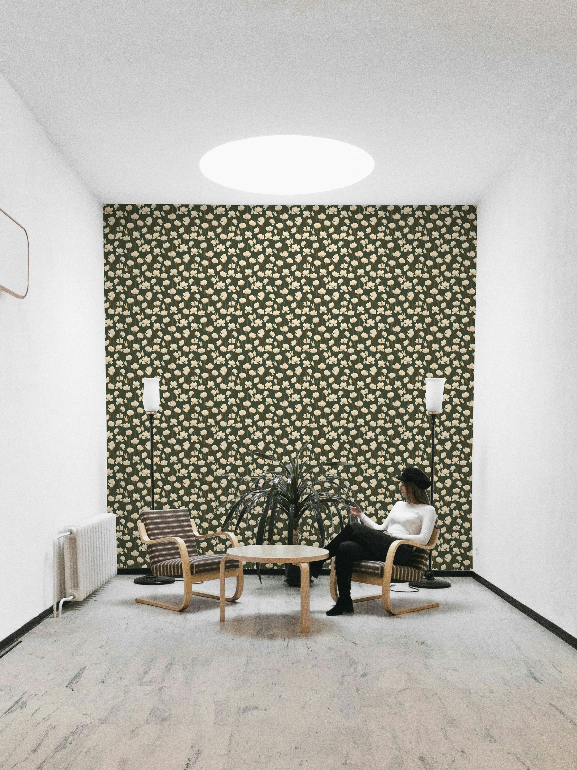 Romantic botanical wallpaper in forest dusk palette

