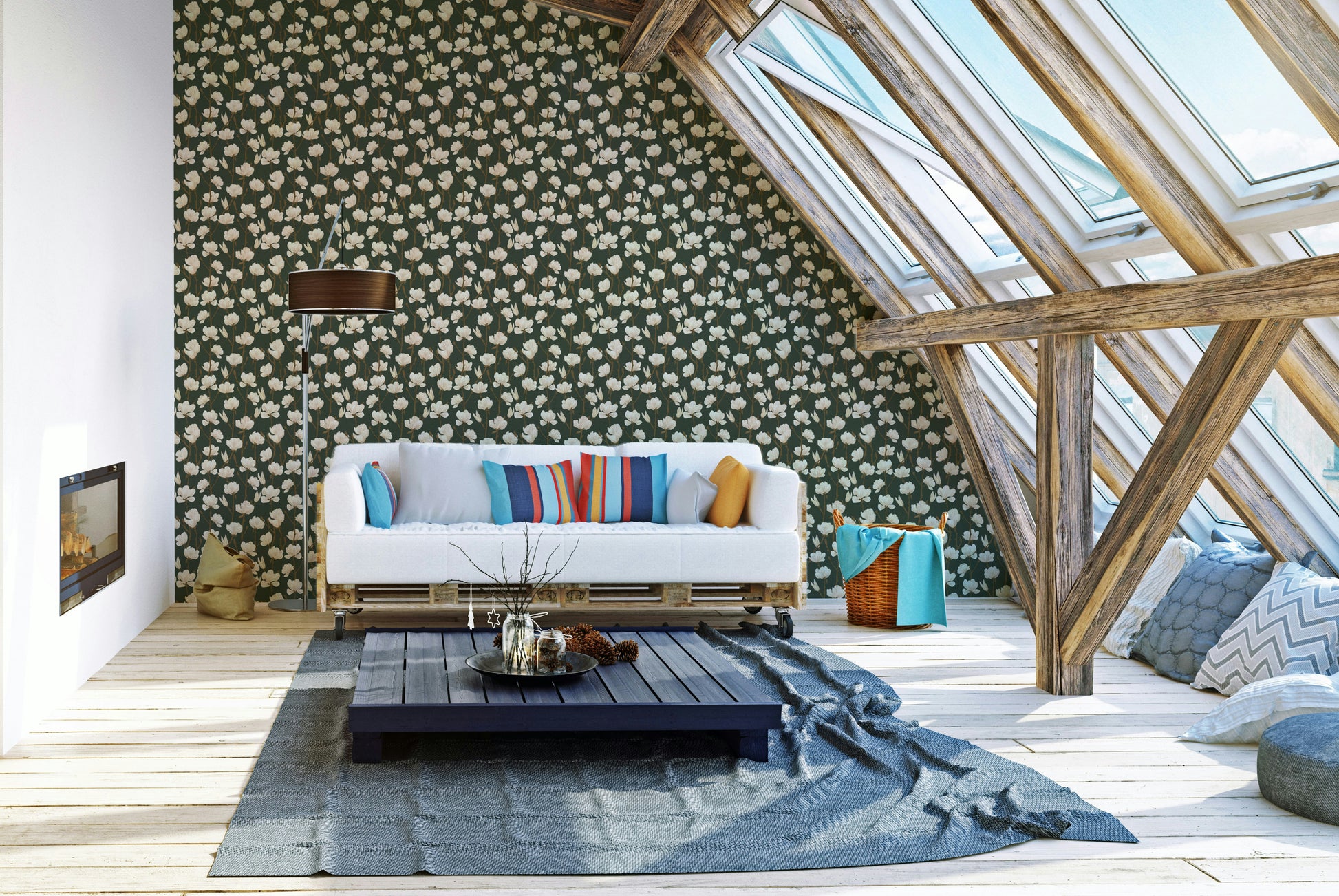 Peel and stick wallpaper with forest-inspired magnolia blooms

