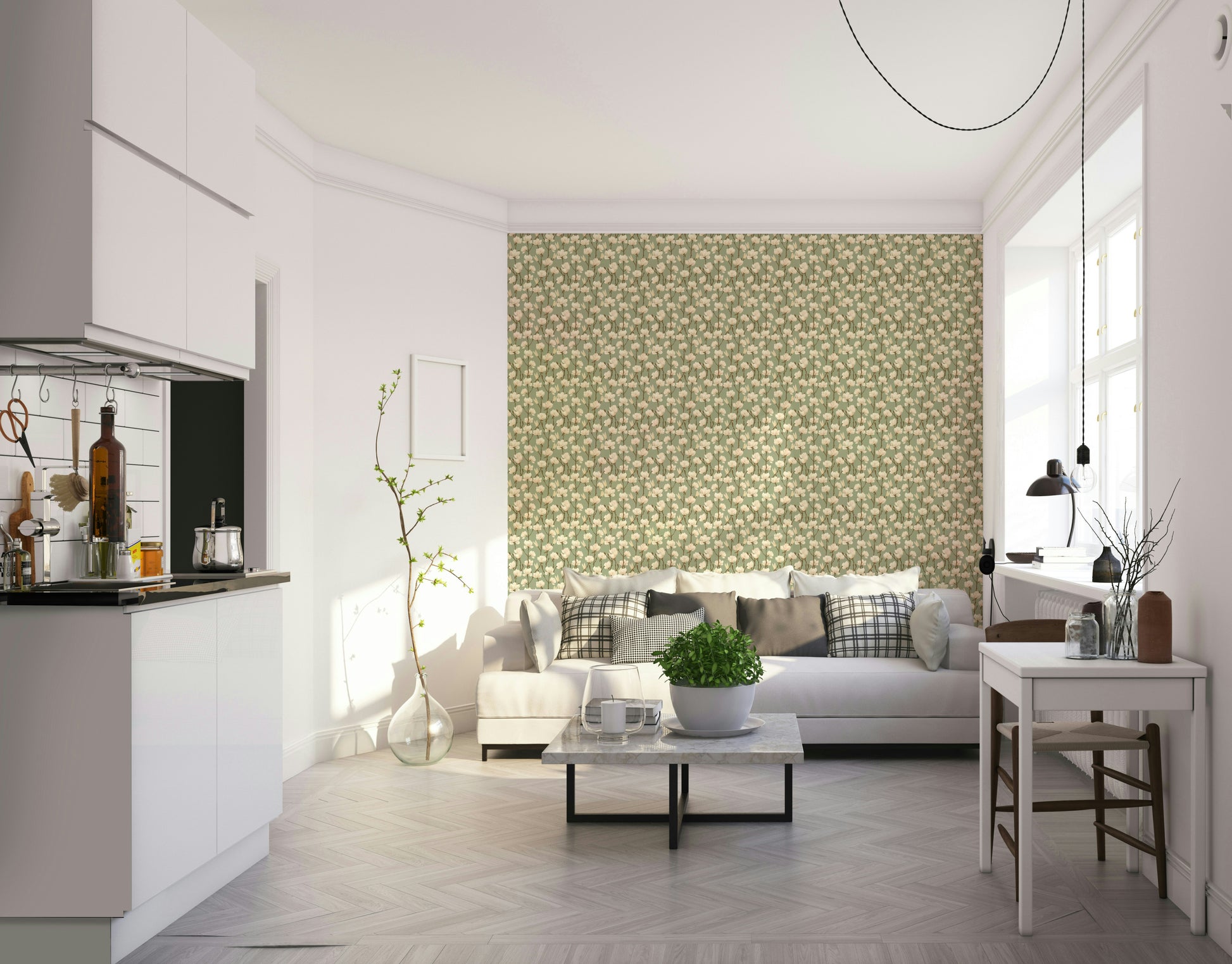 Peel and stick magnolia wallpaper in earthy hues

