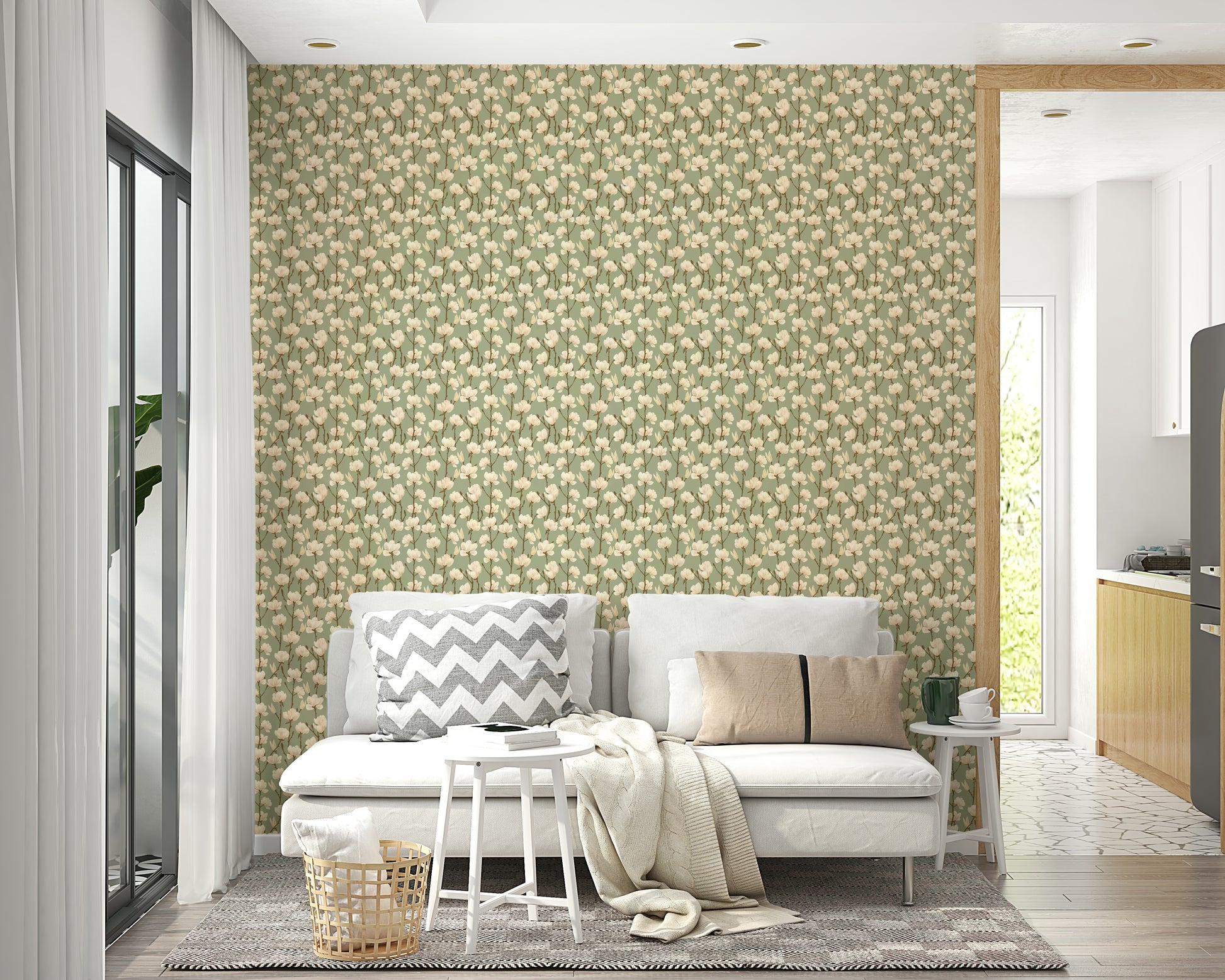 Magnolia wallpaper mural in sage and natural tones

