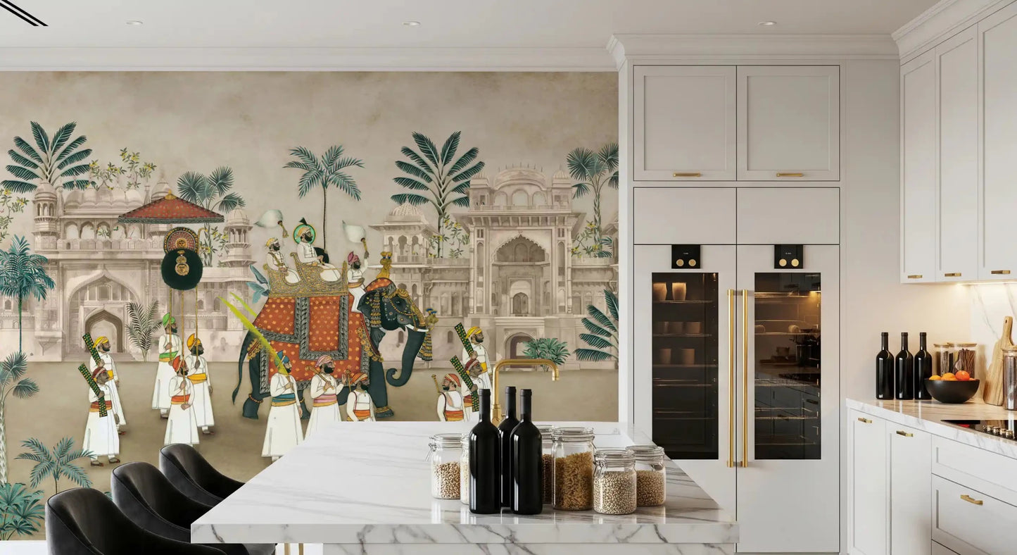 Maharaja's Elephant Parade wall mural brings cultural heritage to spacious Dining rooms.