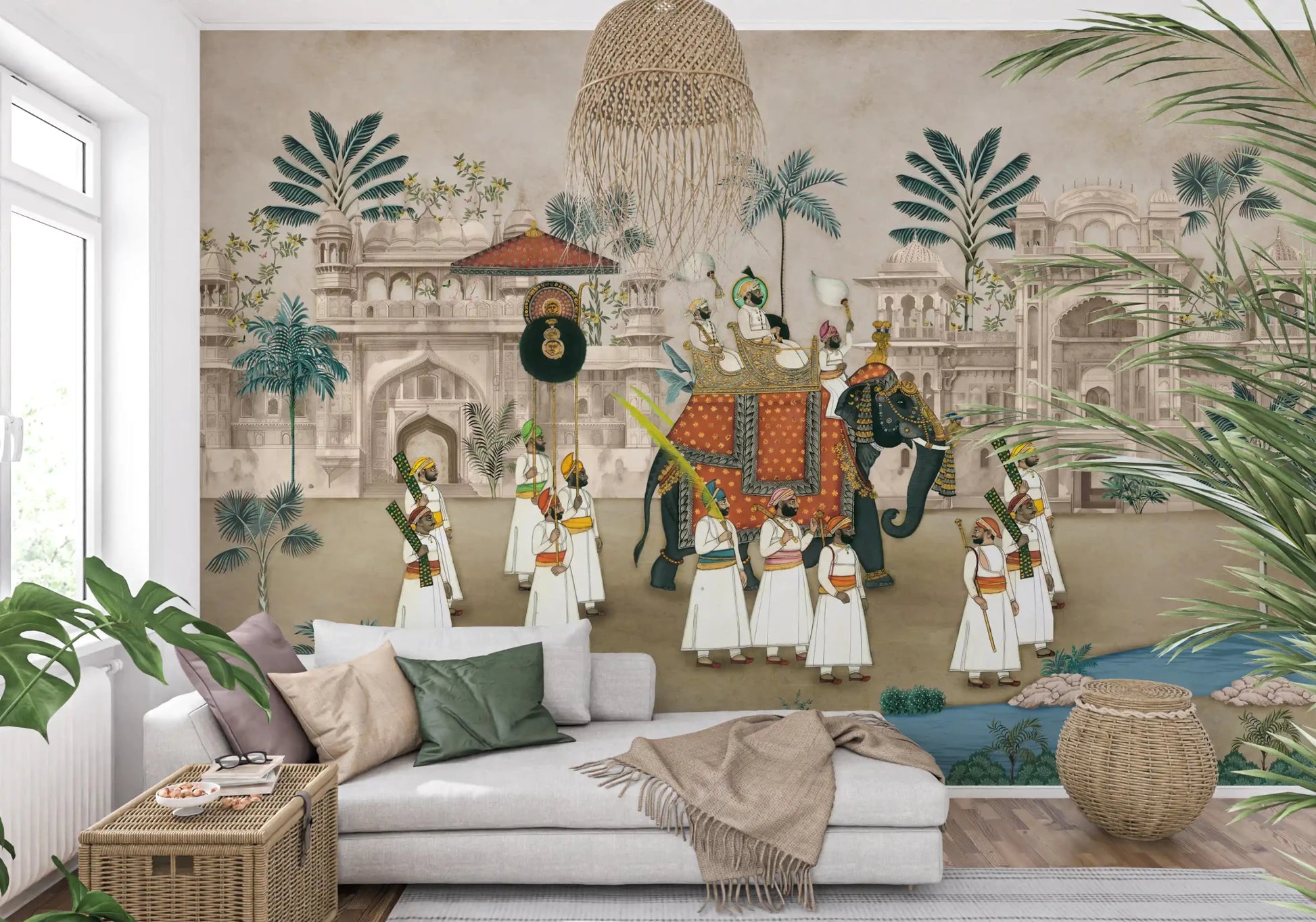 Maharaja's Elephant Parade wall mural introduces historic scenery into cozy living room.