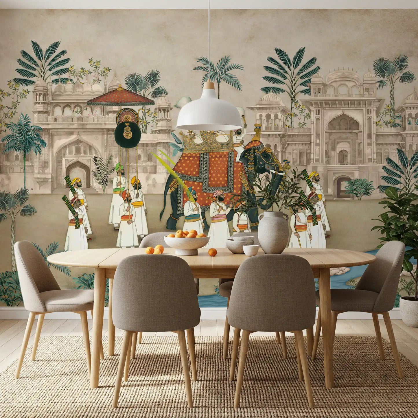 Dining room feature a traditional atmosphere with the Maharaja's Elephant Parade wall mural.