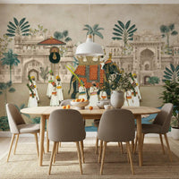 Dining room feature a traditional atmosphere with the Maharaja's Elephant Parade wall mural.