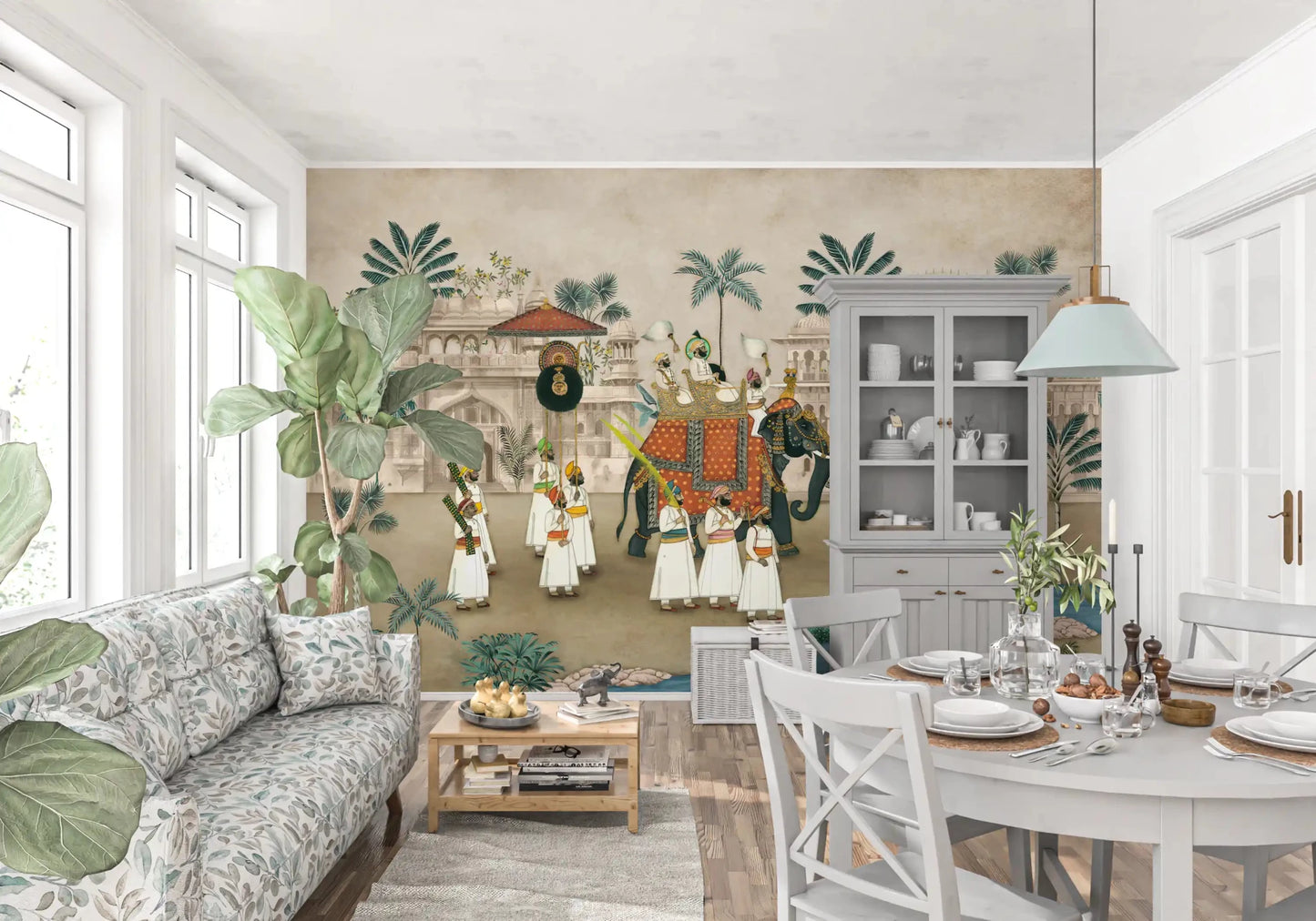 Modern dining areas gain sophistication alongside the Maharaja's Elephant Parade wall mural.