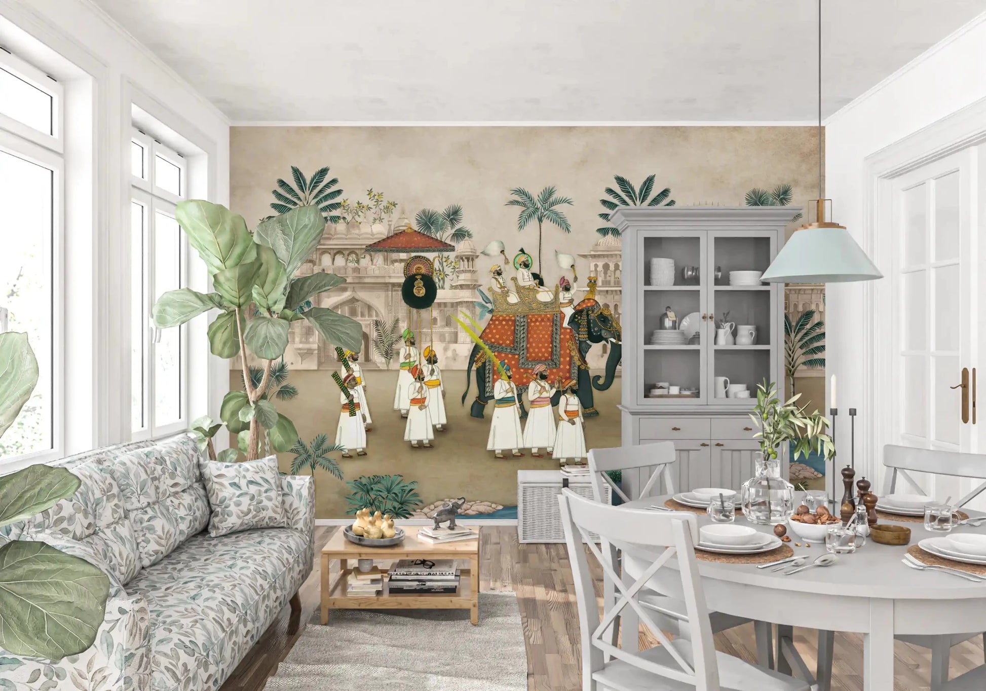 Modern dining areas gain sophistication alongside the Maharaja's Elephant Parade wall mural.