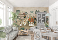 Modern dining areas gain sophistication alongside the Maharaja's Elephant Parade wall mural.