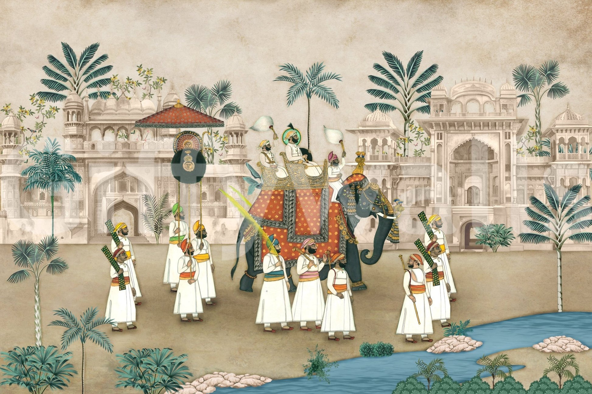 Attendants walk beside the elephant in the Maharaja's Elephant Parade wall mural.