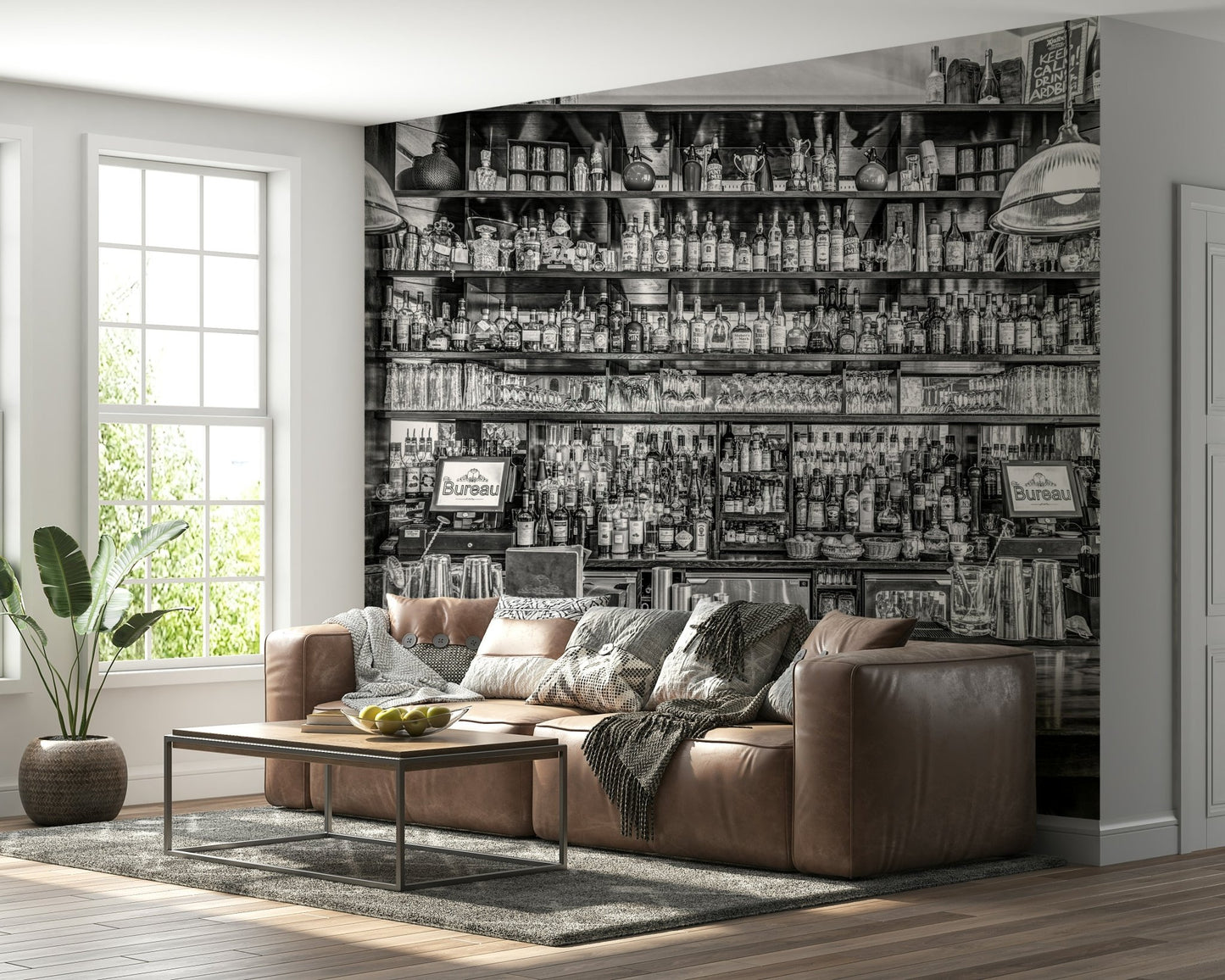 The mural is installed in a modern, quiet living room.

