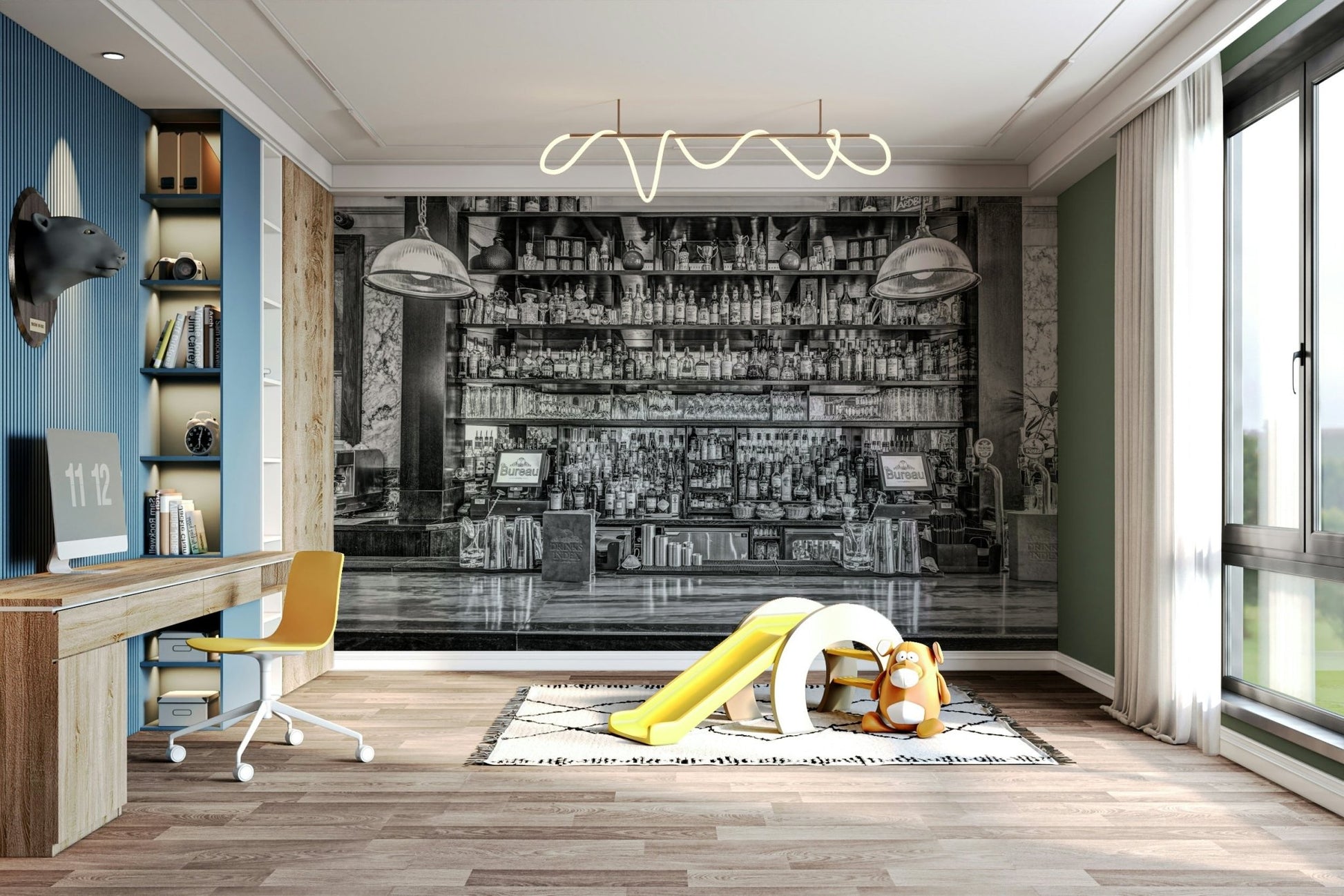 The mural extends across the entire wall, creating a smooth backdrop.

