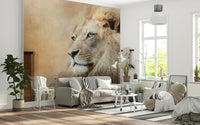 Realistic Lion Portrait Wallpaper – Striking wall mural featuring a lifelike lion gaze for dramatic, powerful décor.