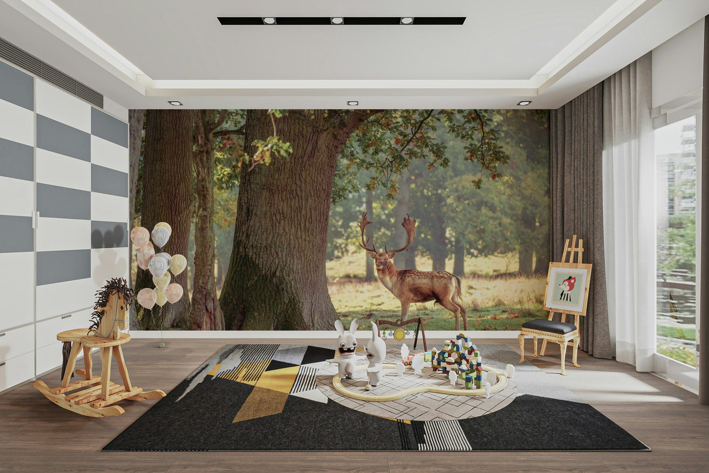 A minimalist home office with the forest wallpaper.

