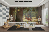 A minimalist home office with the forest wallpaper.

