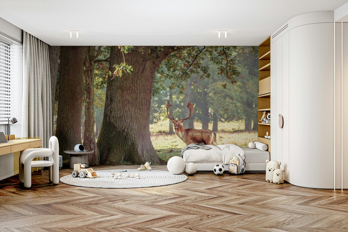 A bedroom with the forest mural behind the headboard.

