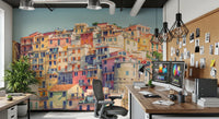 Manarola Vista wall mural of colorful seaside houses behind a dual-monitor desk in a home office