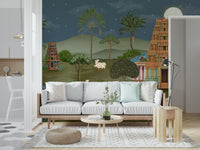 Mandir Majesty mural styled with neutral furniture and warm lighting