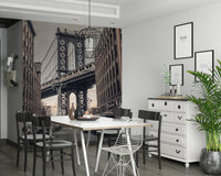 Powerful architectural view Bridge from Dumbo mural wallpaper, urban canyon feel.