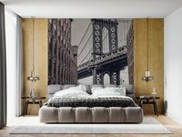 Gritty city Manhattan street wallpaper for walls, warm tone, cloudy sky.