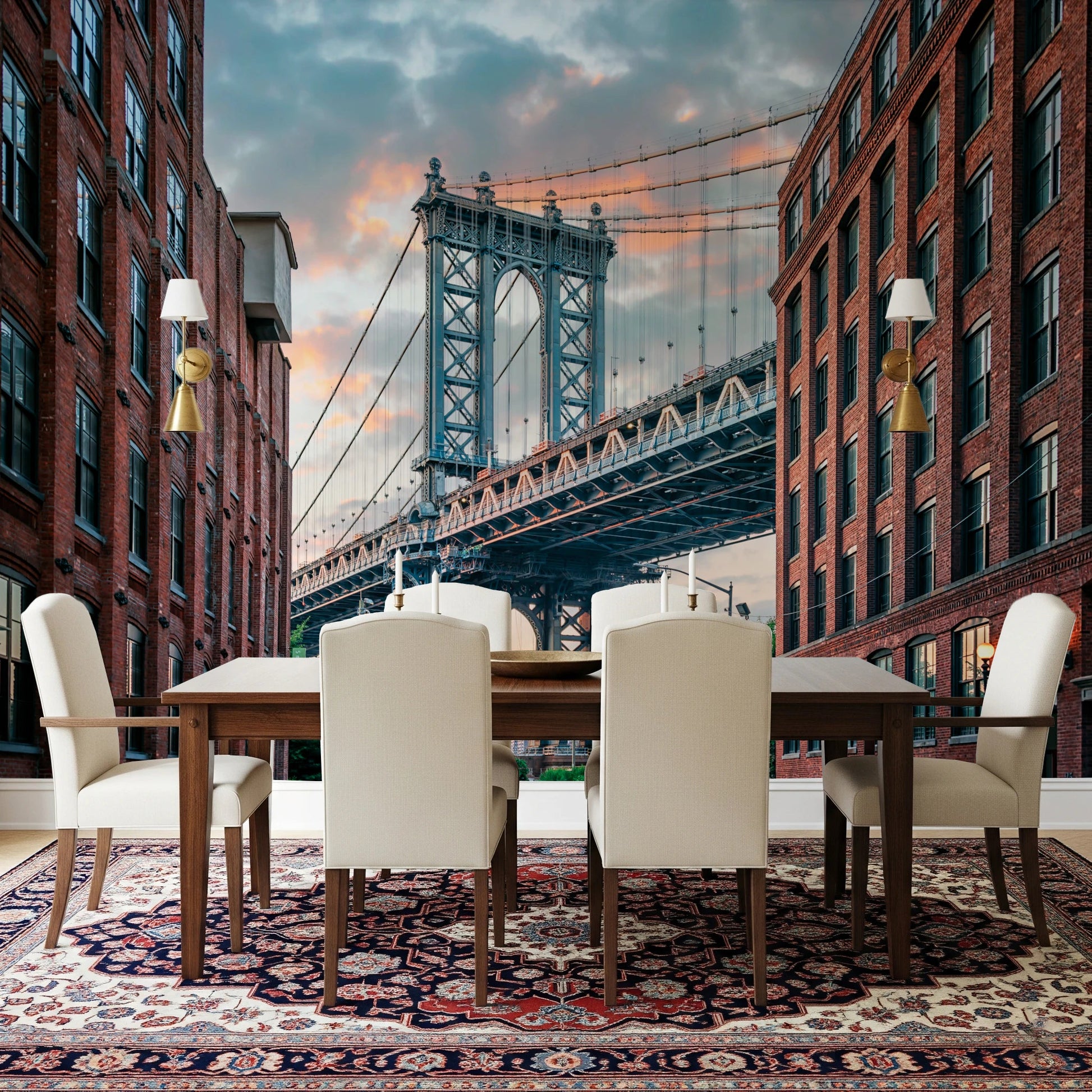 Manhattan Bridge Vista wallpaper mural of the bridge tower behind a wood dining table and cream chairs on a patterned rug