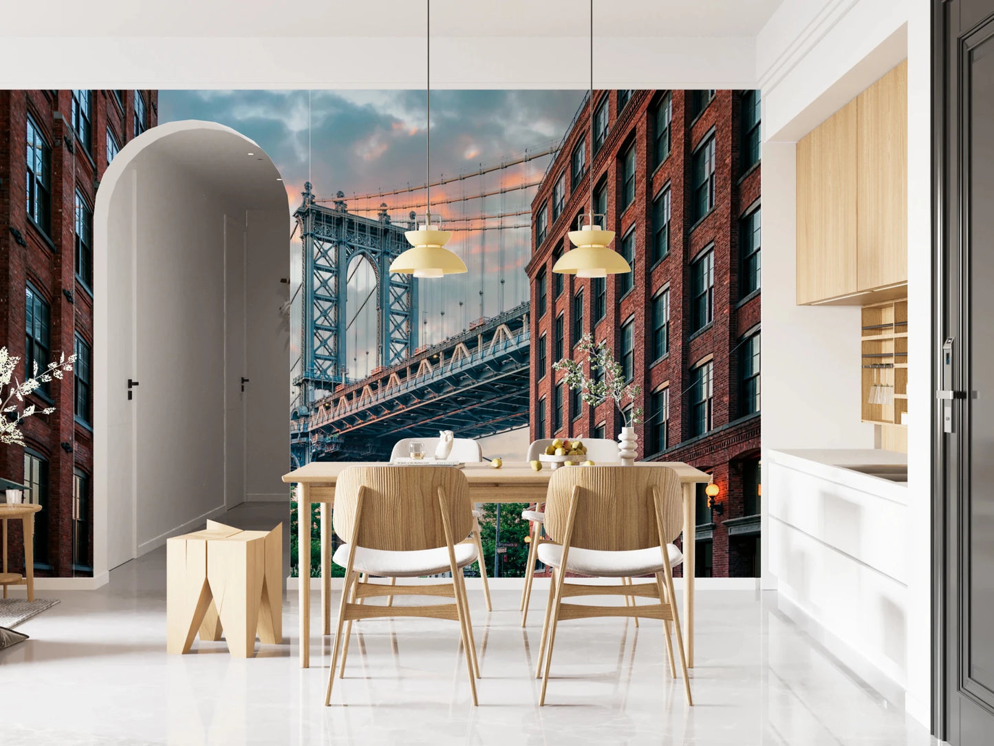 Manhattan Bridge Vista wallpaper mural of the DUMBO bridge view behind a wood dining table and chairs