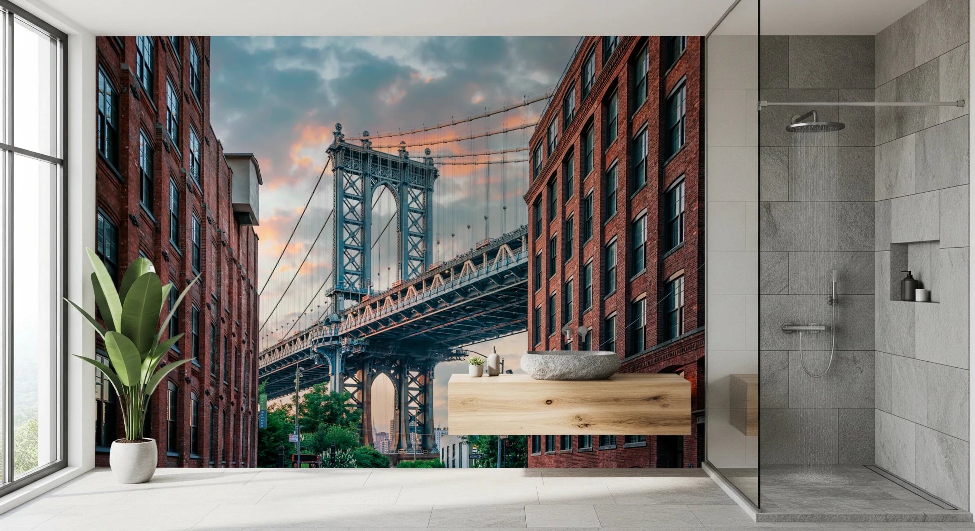 Manhattan Bridge Vista wallpaper mural of the DUMBO bridge view above a floating wood vanity in a tiled bathroom