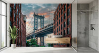 Manhattan Bridge Vista wallpaper mural of the DUMBO bridge view above a floating wood vanity in a tiled bathroom